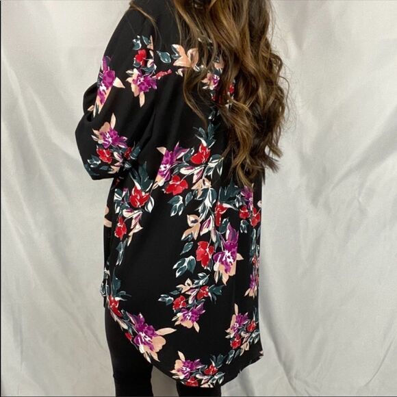 EVRI 2X Black Fuchsia Pink Green Wt Floral Neck Tie Long Sleeve Pullover Blouse - Picture 2 of 14